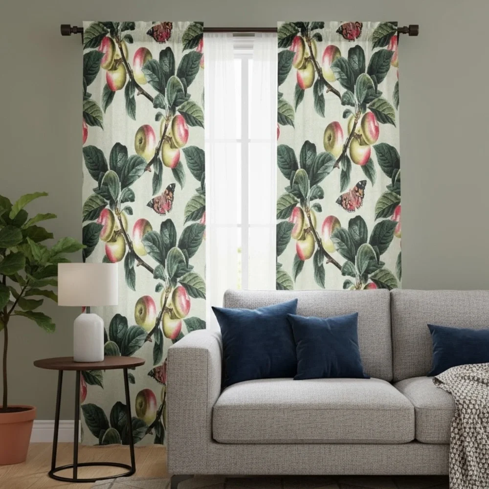 Botanical Fruit Print Curtains with Green Leaves and Pink Accents